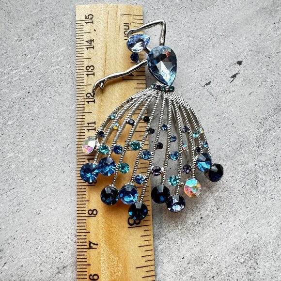 Vintage Ballerina Brooch With Blue Crystals 2 inches Tall - Picture 5 of 6